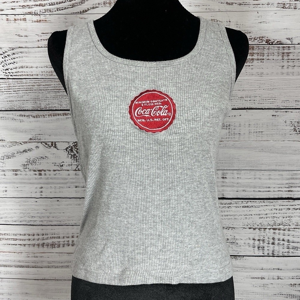 Vtg Y2K Coca Cola Tank Top Size Medium Gray Ribbed Embroidered Logo